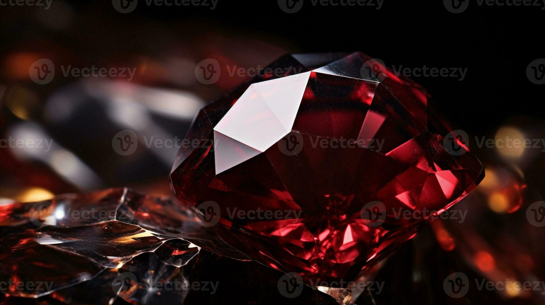 Photograph a mesmerizing close-up of a sparkling Garnet held against a velvety black background. Generative AI photo