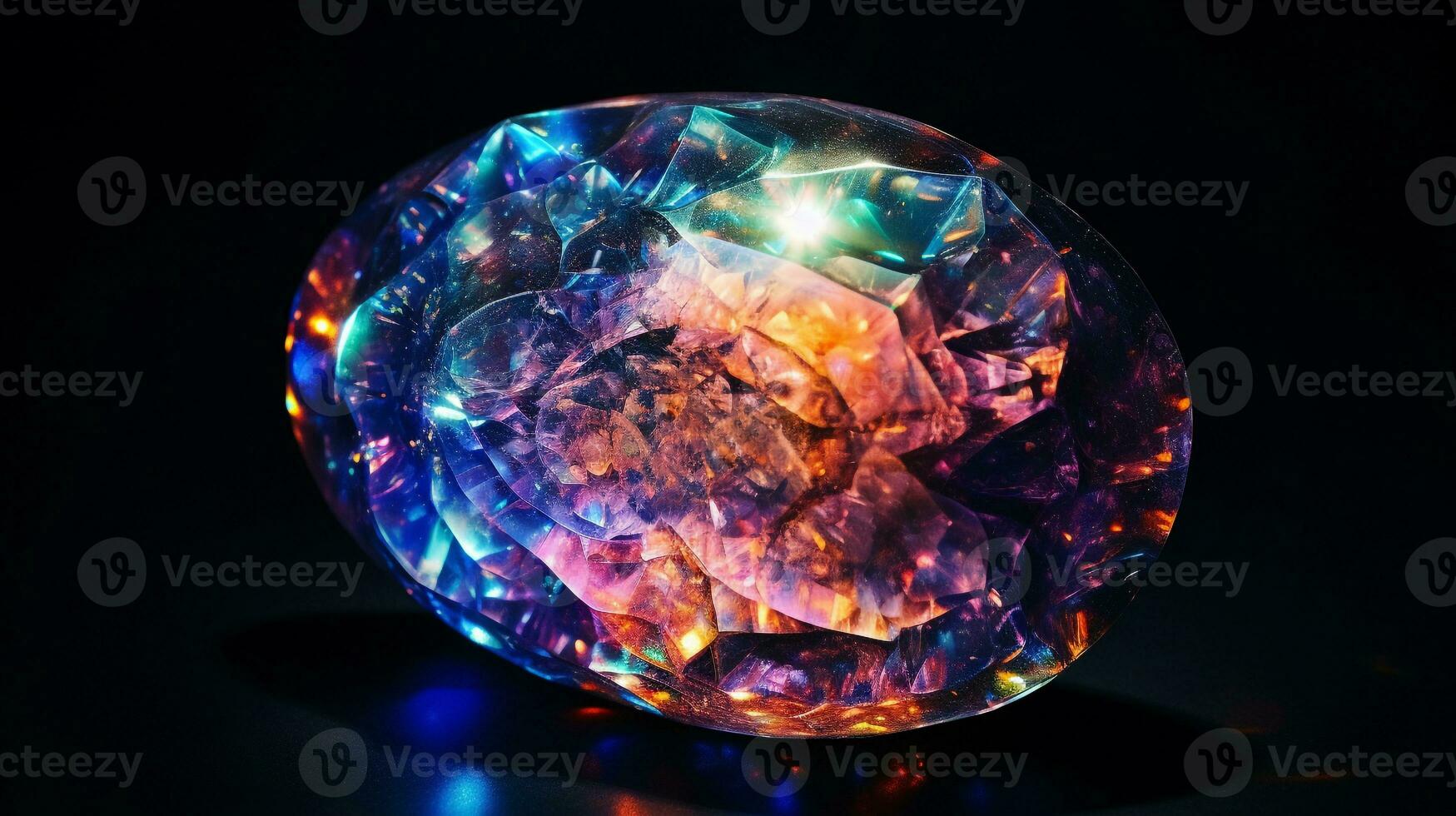 Photograph a mesmerizing close-up of a sparkling Opal held against a velvety black background. Generative AI photo