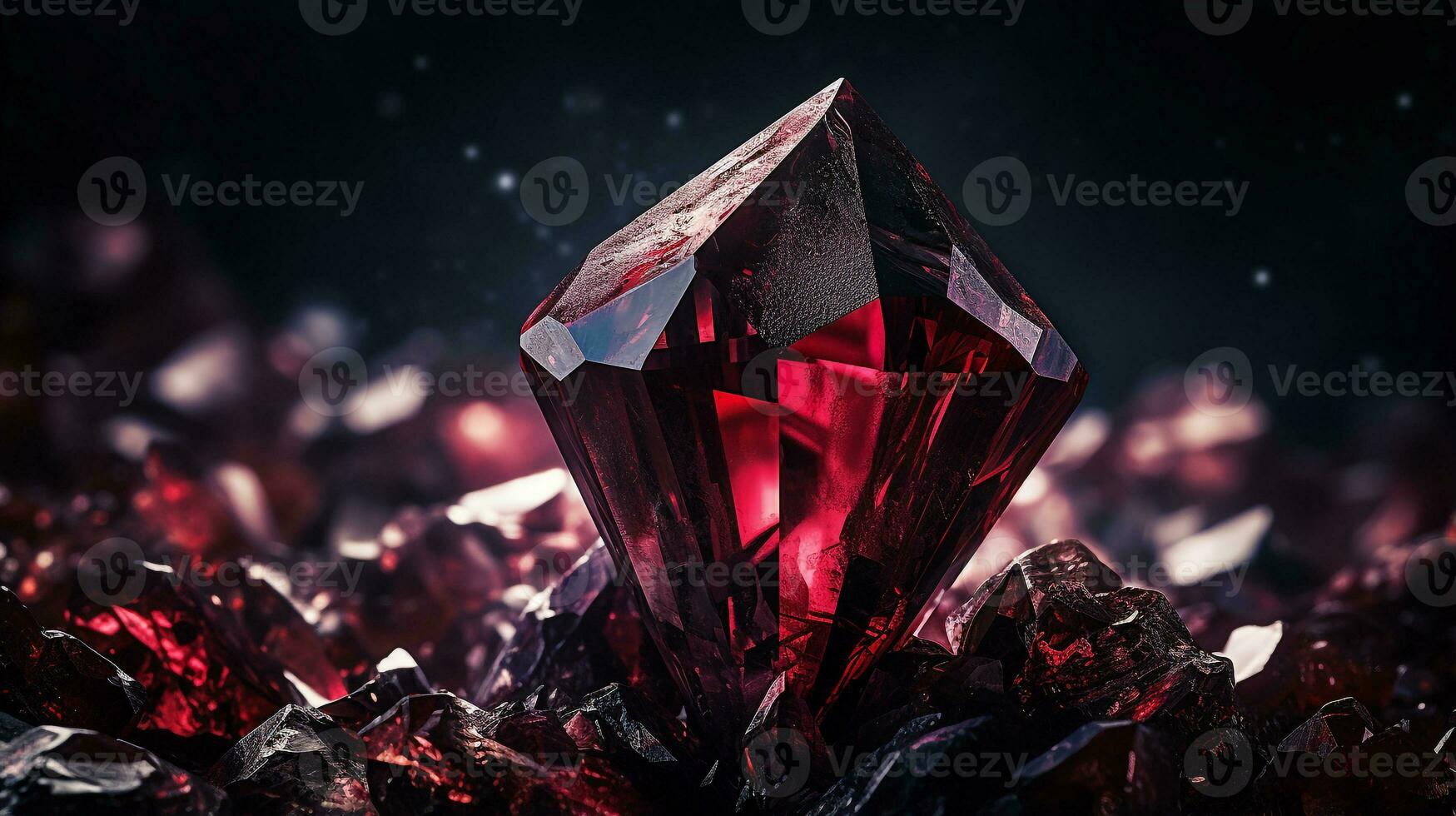 Photograph a mesmerizing close-up of a sparkling Garnet held against a velvety black background. Generative AI photo