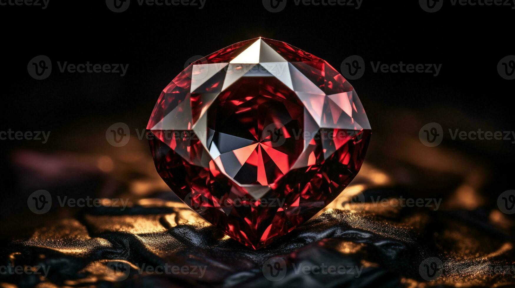 Photograph a mesmerizing close-up of a sparkling Garnet held against a velvety black background. Generative AI photo