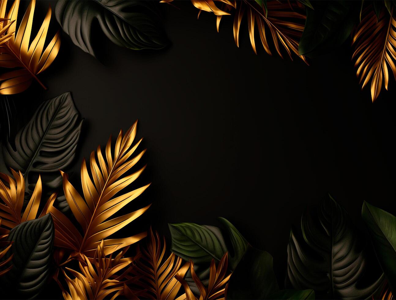Black and golden Tropical floral background copy space. Space for text photo
