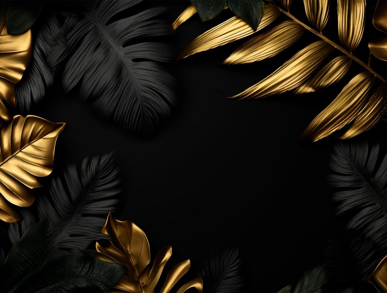 Black and golden Tropical floral background copy space. Space for text photo