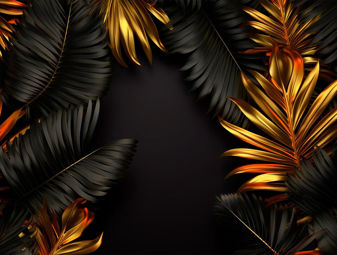 Black and golden Tropical floral background copy space. Space for text photo