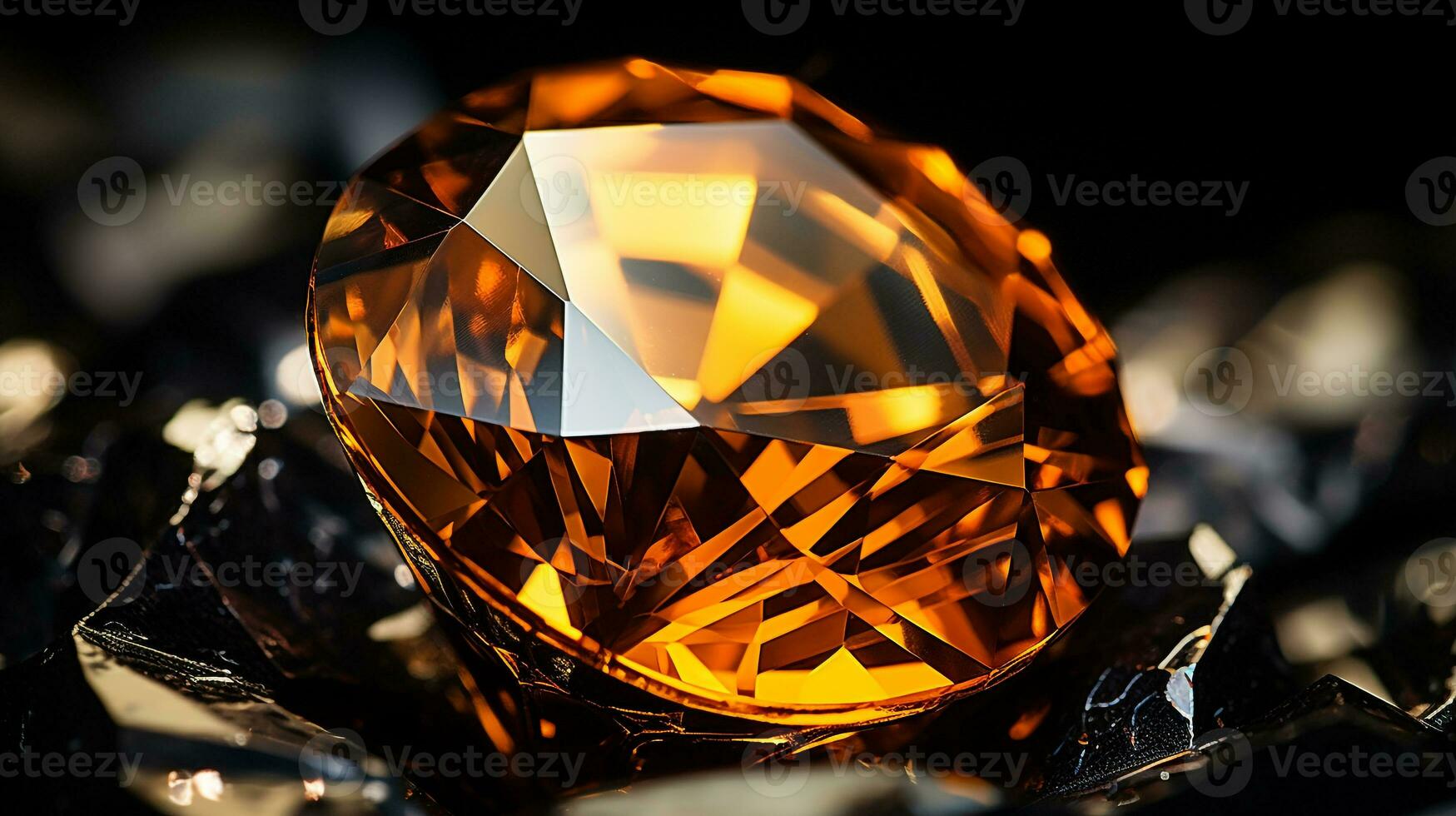 Photograph a mesmerizing close-up of a sparkling Citrine held against a velvety black background. Generative AI photo