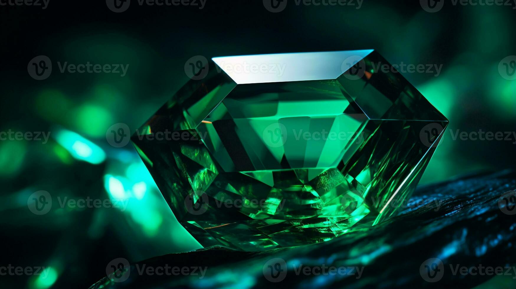 Photograph a mesmerizing close-up of a sparkling Emerald held against a velvety black background. Generative AI photo