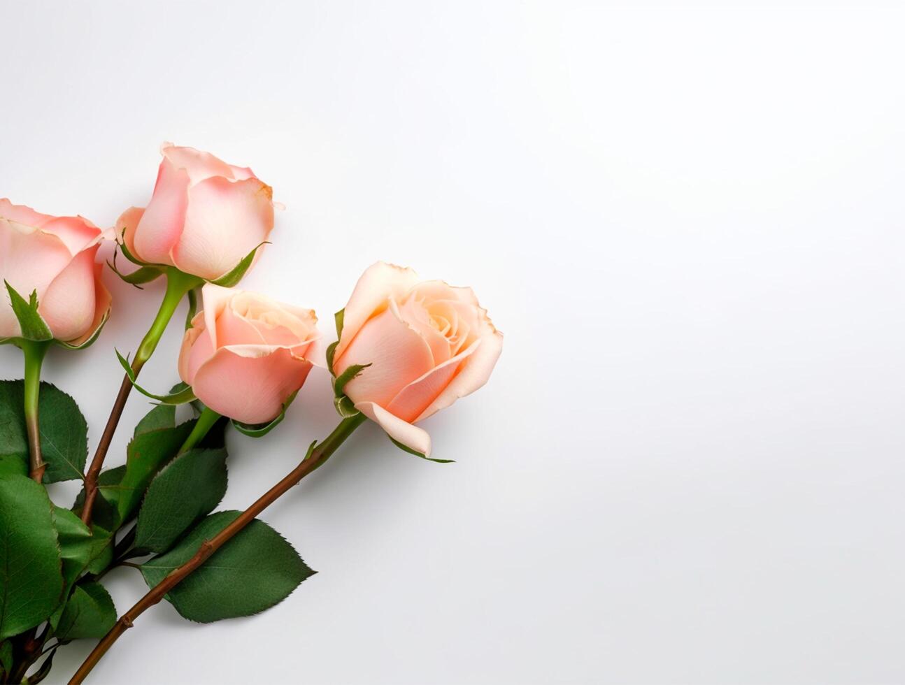 Beautiful rose flowers on flat background, top view. Space for text photo