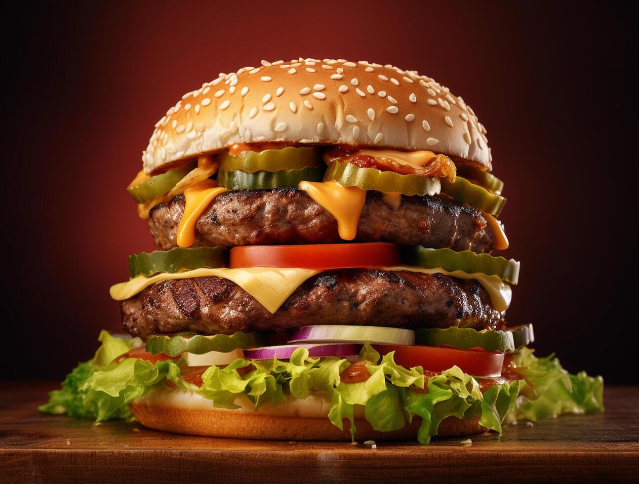 frente ver sabroso carne hamburguesa con queso y ensalada en oscuro antecedentes ai generado foto
