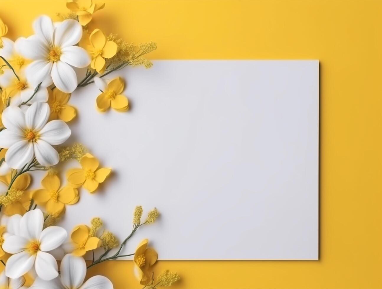 Blank paper with tropical leaves and flowers. Flat lay, top view, copy space photo