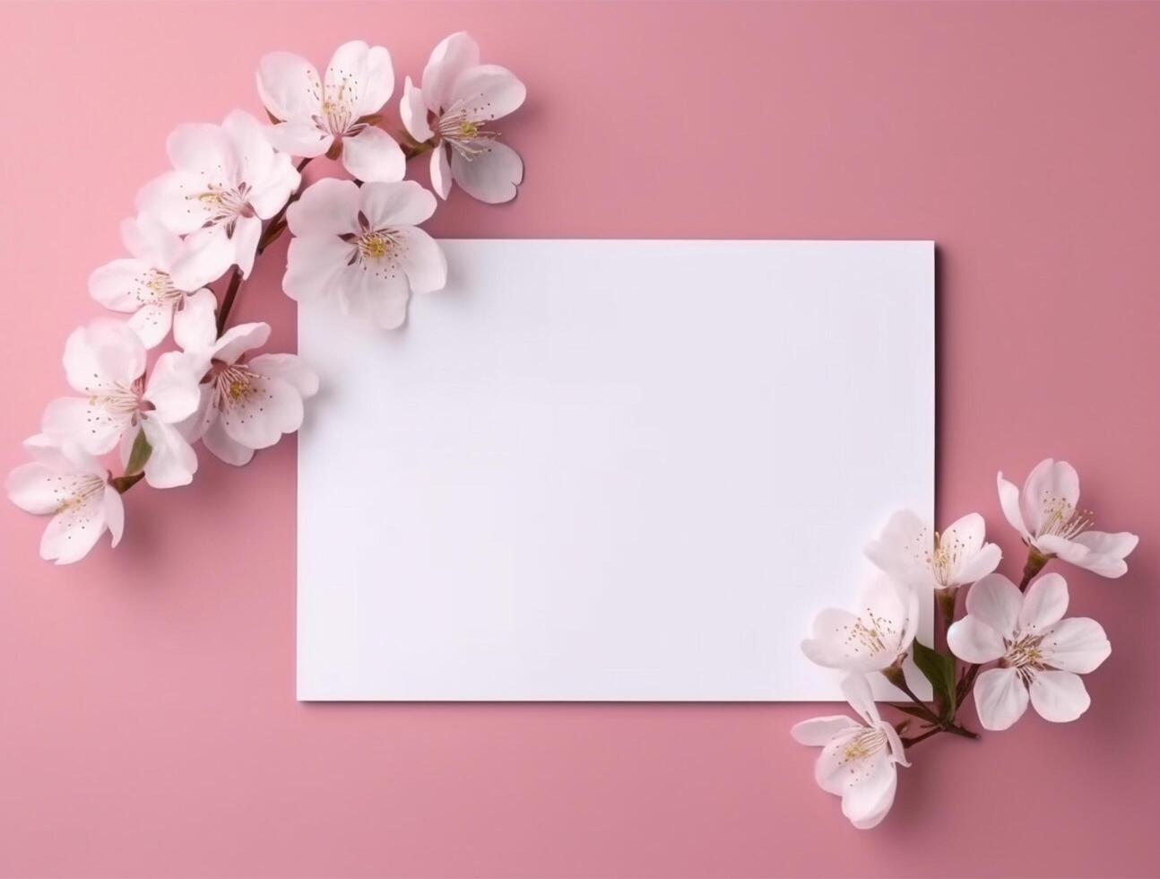 Blank paper with tropical leaves and flowers. Flat lay, top view, copy space photo