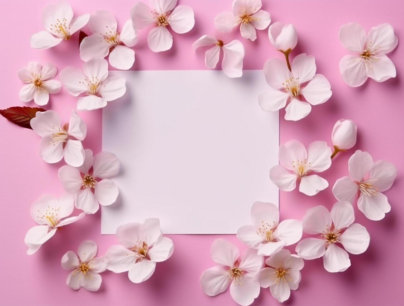 Blank paper with tropical leaves and flowers. Flat lay, top view, copy space photo