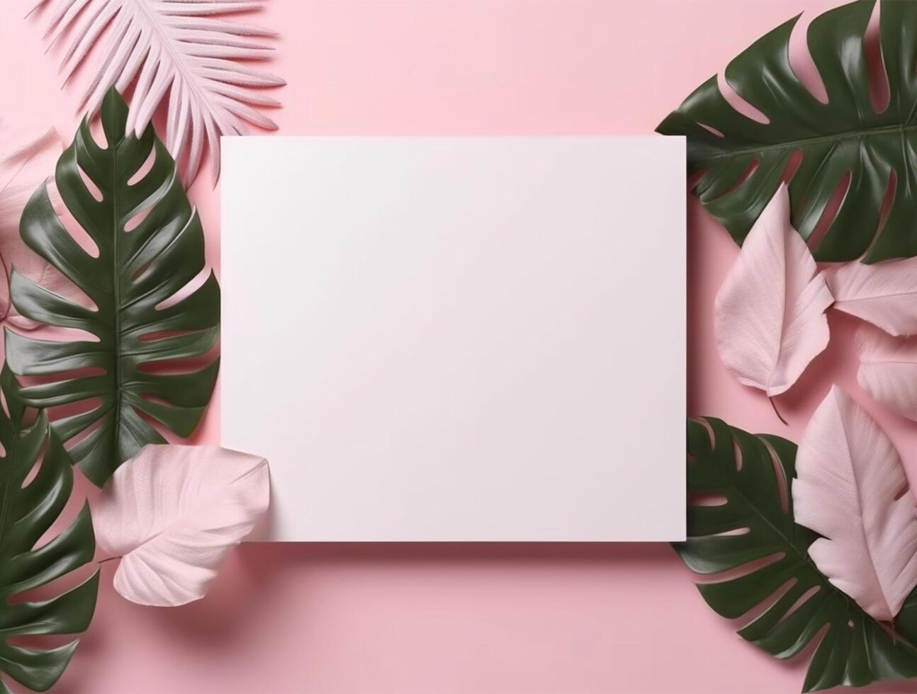 Blank paper with tropical leaves and flowers. Flat lay, top view, copy space photo