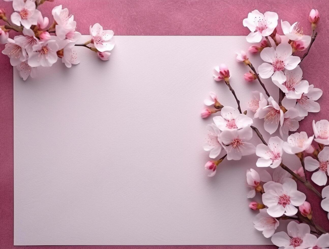 Blank paper with tropical leaves and flowers. Flat lay, top view, copy space photo