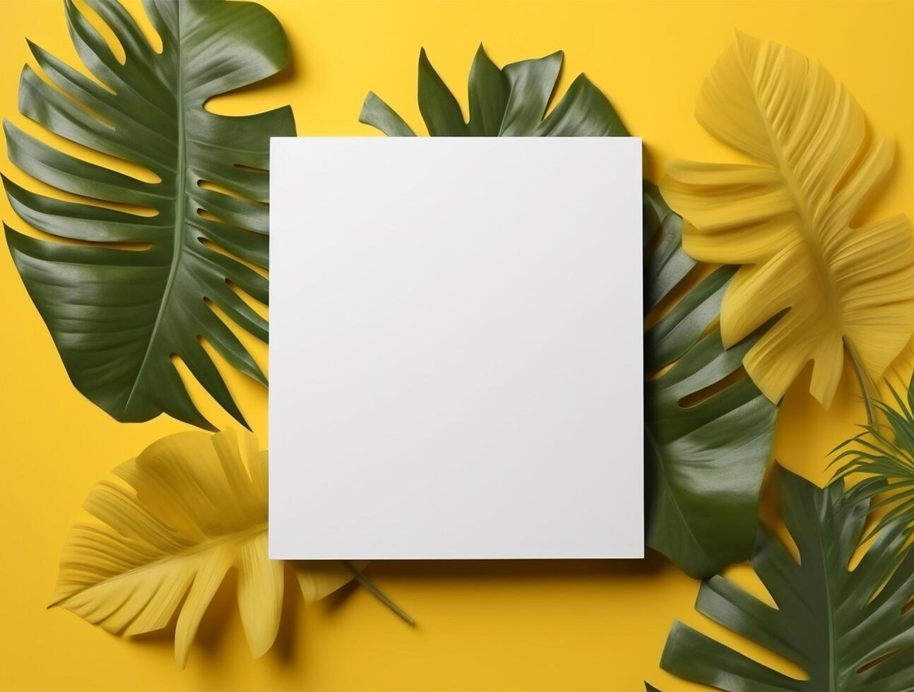 Blank paper with tropical leaves and flowers. Flat lay, top view, copy space photo