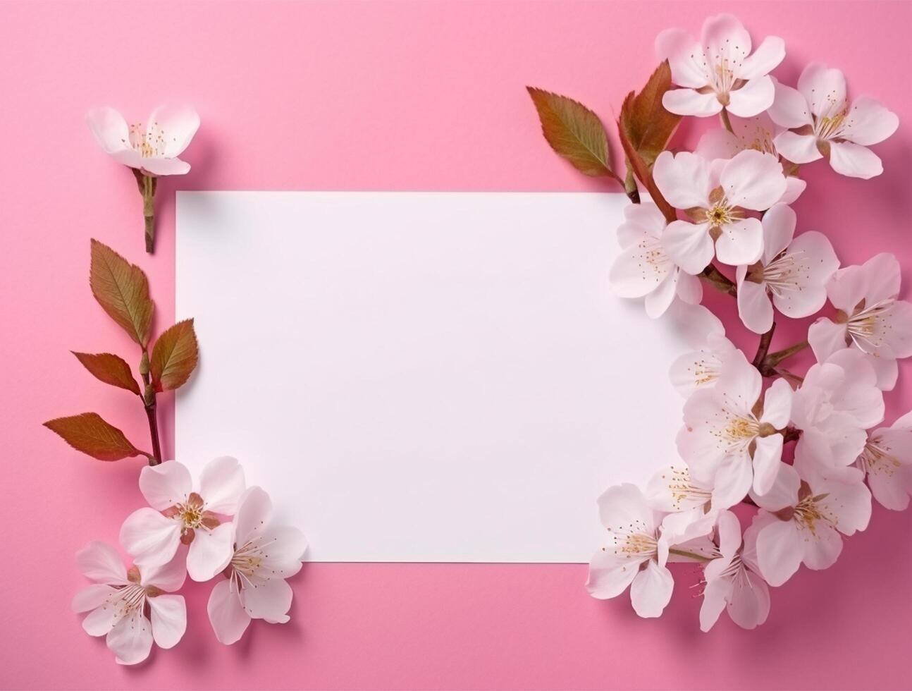 Blank paper with tropical leaves and flowers. Flat lay, top view, copy space photo