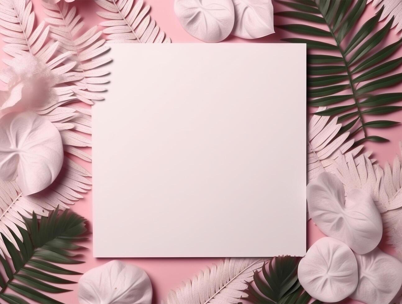 Blank paper with tropical leaves and flowers. Flat lay, top view, copy space photo