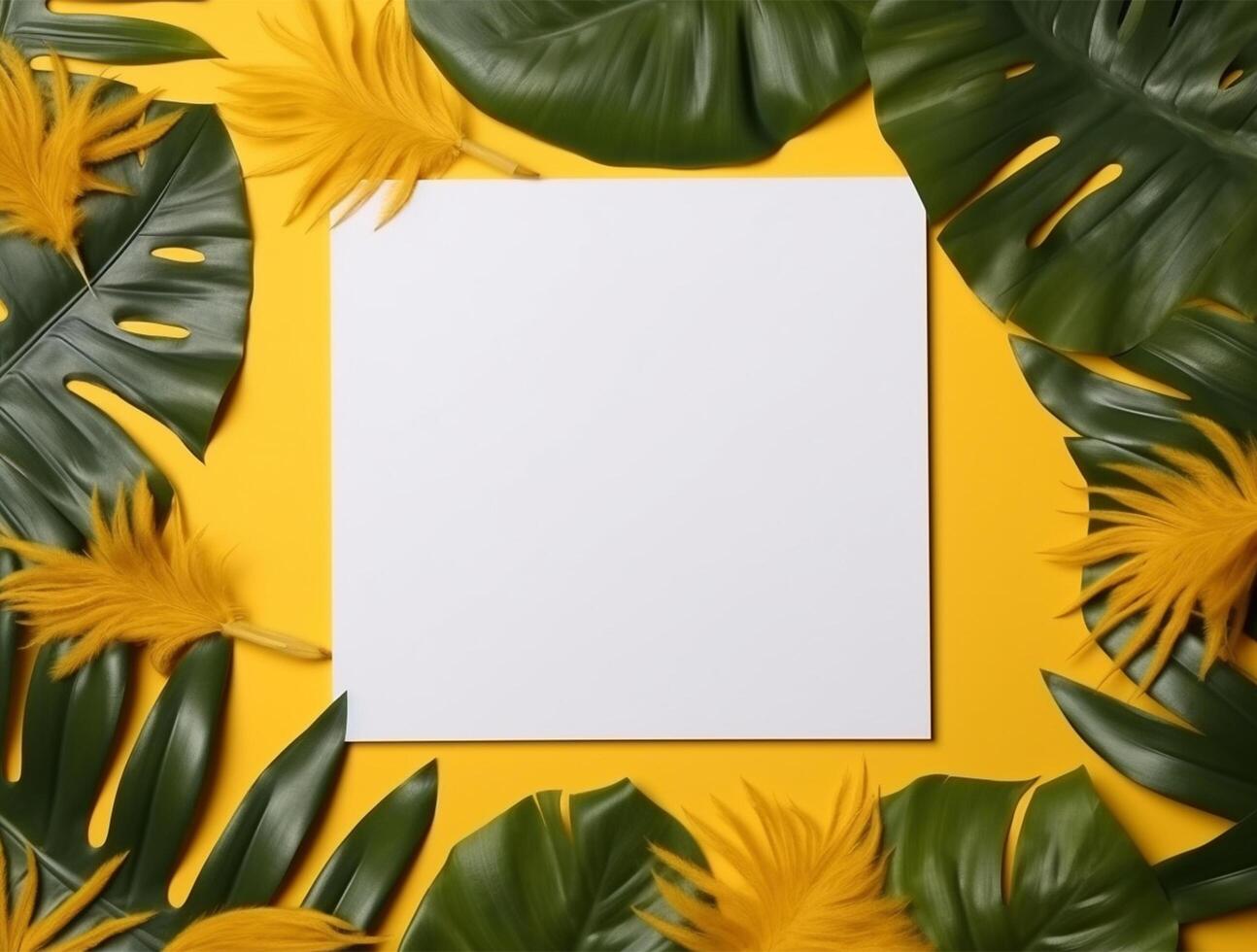 Blank paper with tropical leaves and flowers. Flat lay, top view, copy space photo
