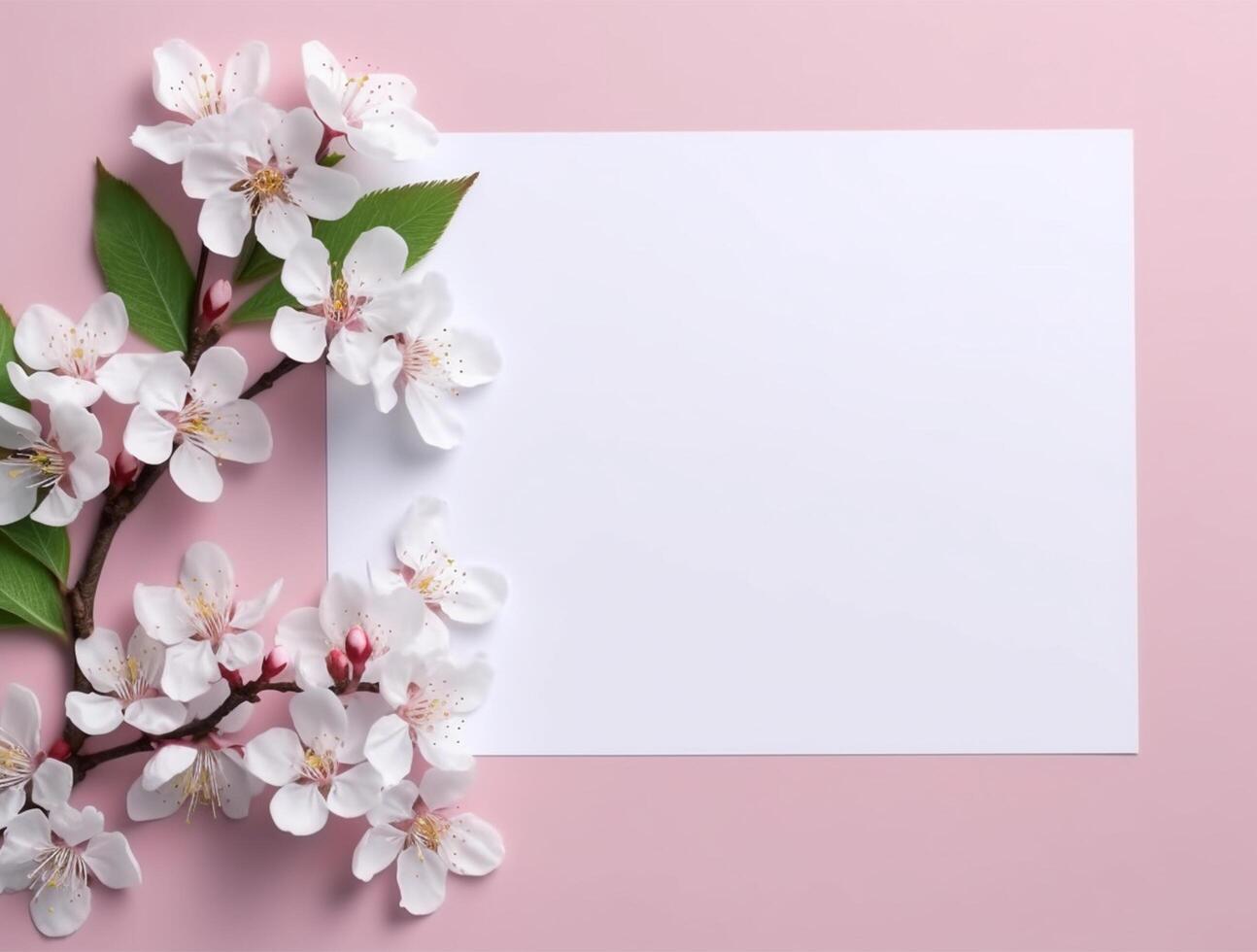 Blank paper with tropical leaves and flowers. Flat lay, top view, copy space photo