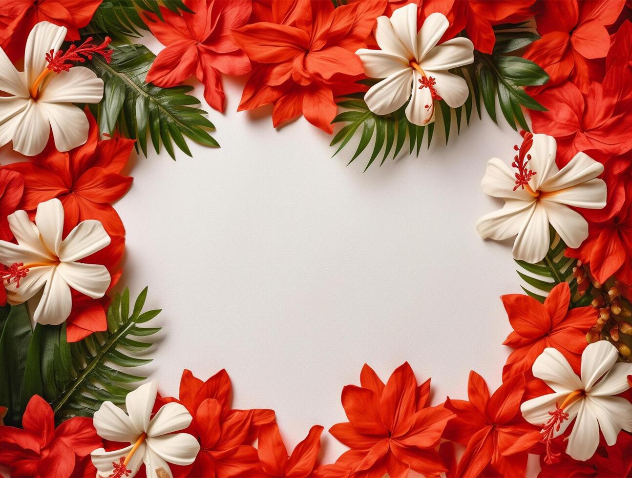 Blank paper with tropical leaves and flowers. Flat lay, top view, copy space photo
