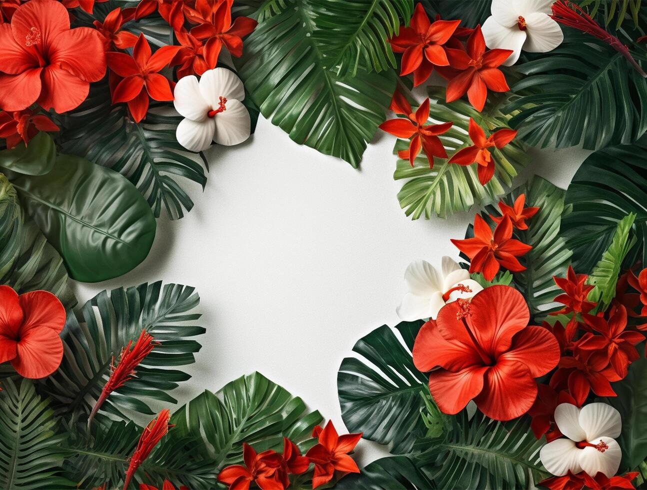Blank paper with tropical leaves and flowers. Flat lay, top view, copy space photo