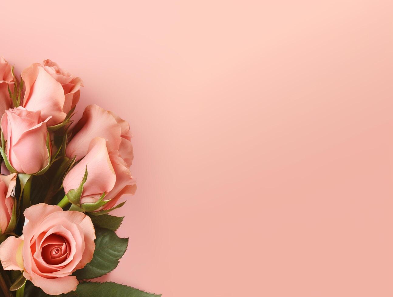 Beautiful rose flowers on flat background, top view. Space for text photo