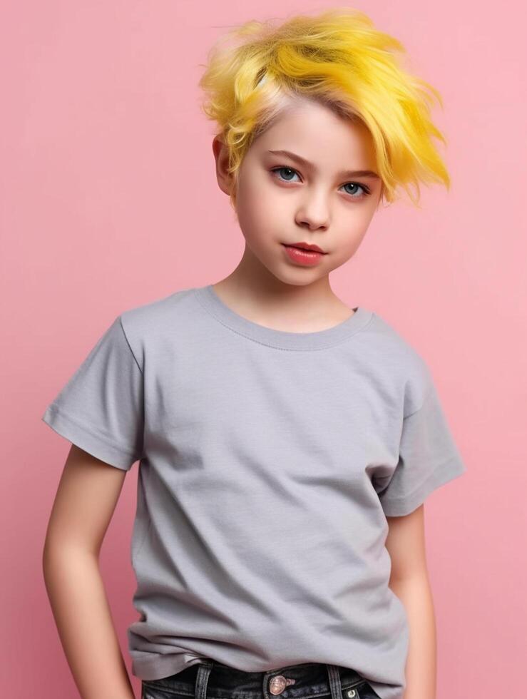 Girl wearing Grey T-Shirt for Mockup Design photo