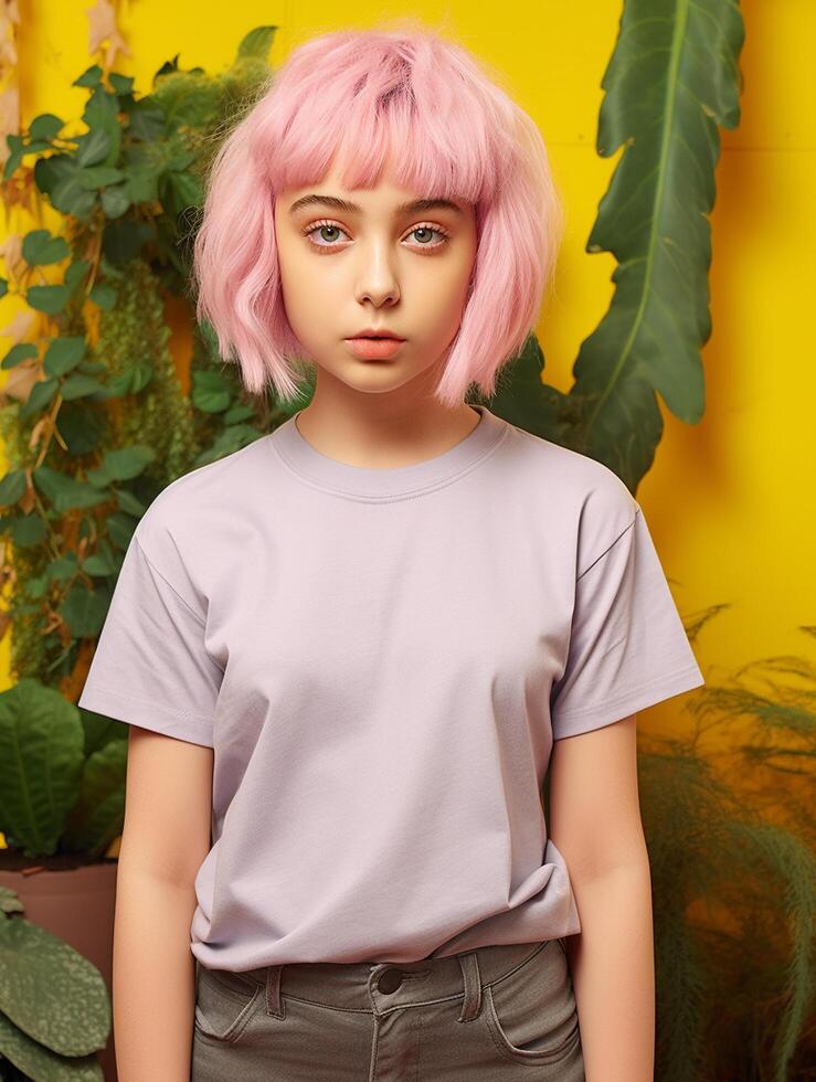 Girl wearing Grey T-Shirt for Mockup Design photo