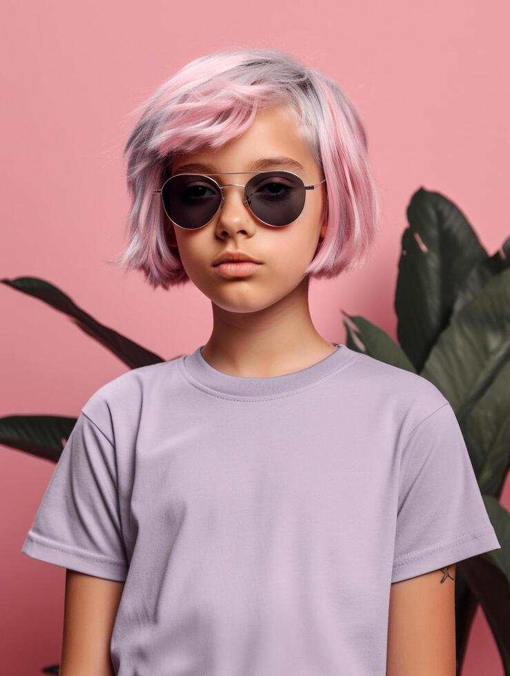Girl wearing Grey T-Shirt for Mockup Design photo
