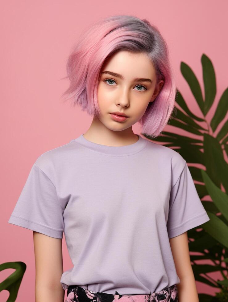 Girl wearing Grey T-Shirt for Mockup Design photo