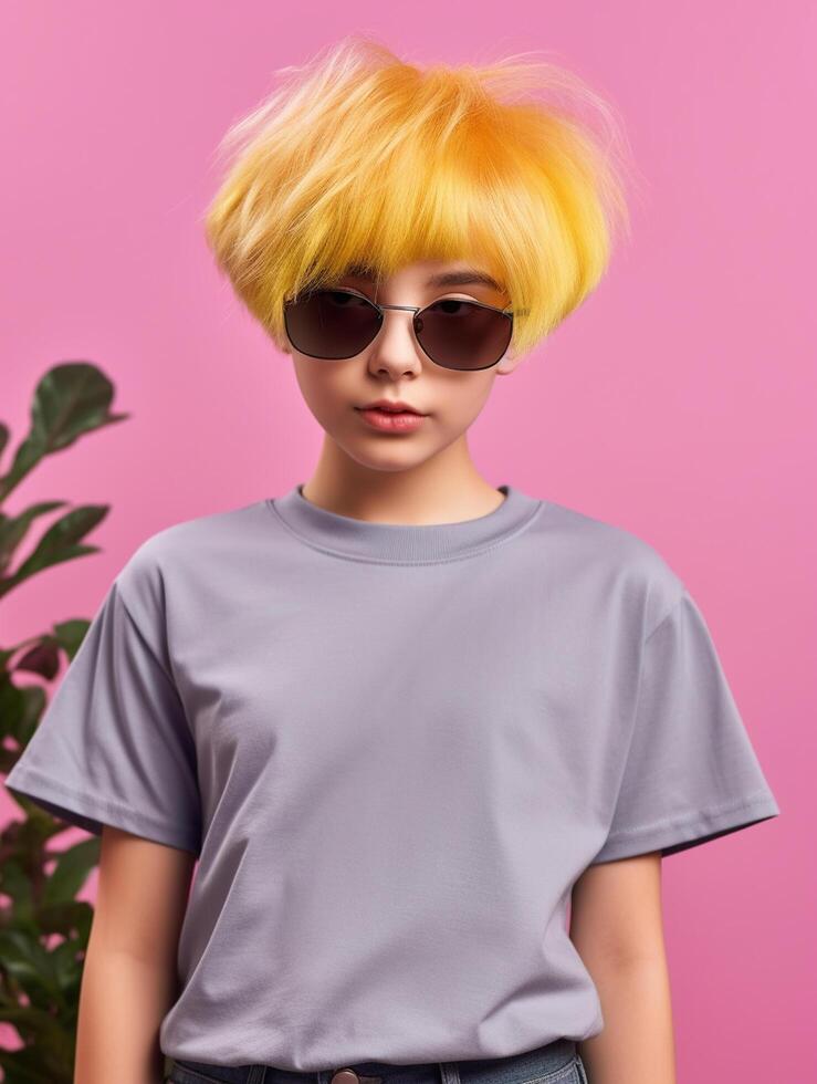 Girl wearing Grey T-Shirt for Mockup Design photo