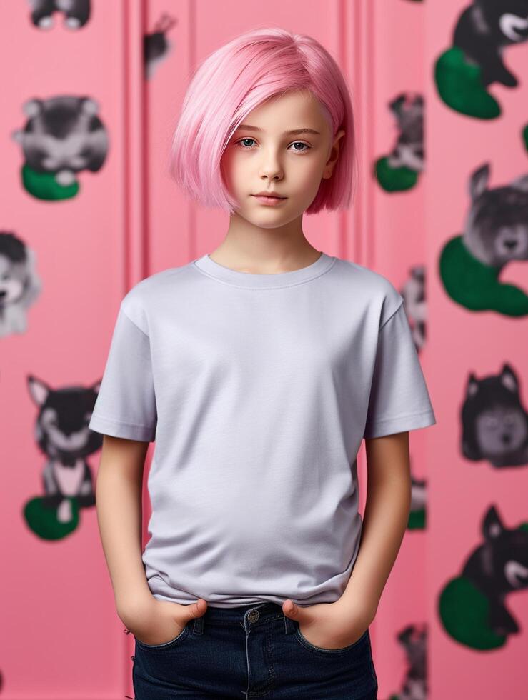 Girl wearing Grey T-Shirt for Mockup Design photo
