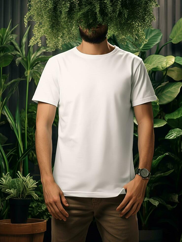 Men blank  white t-shirt for mockup design psd AI Generative photo