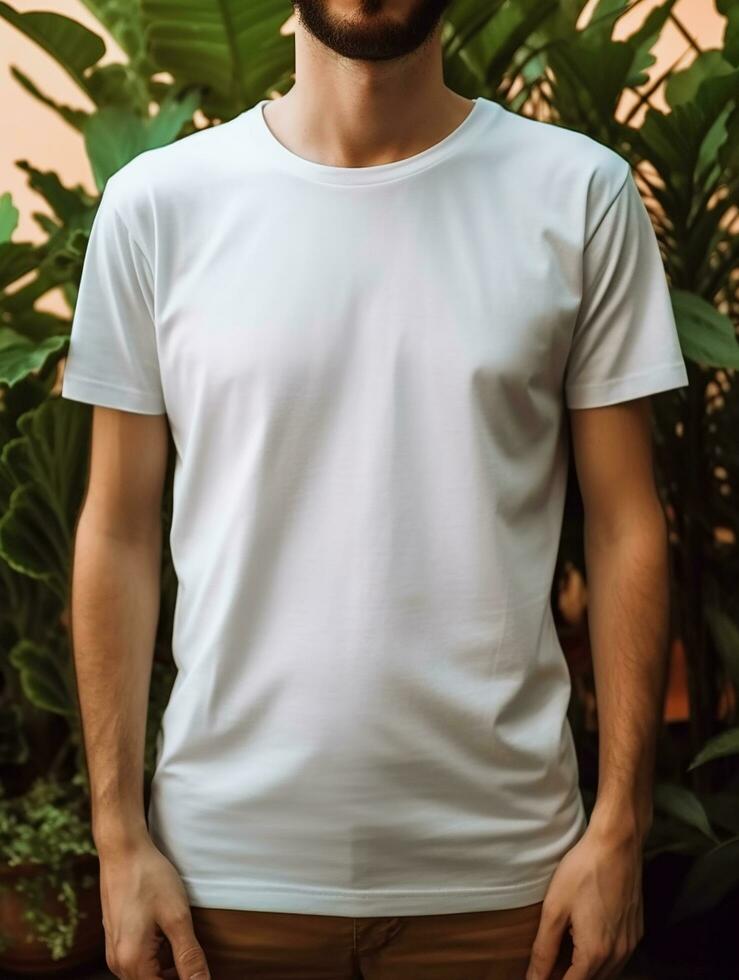 Men blank  white t-shirt for mockup design psd AI Generative photo