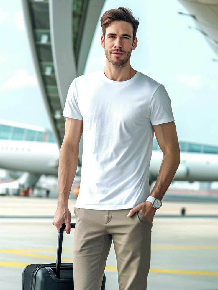 Men blank  white t-shirt for mockup design psd AI Generative photo