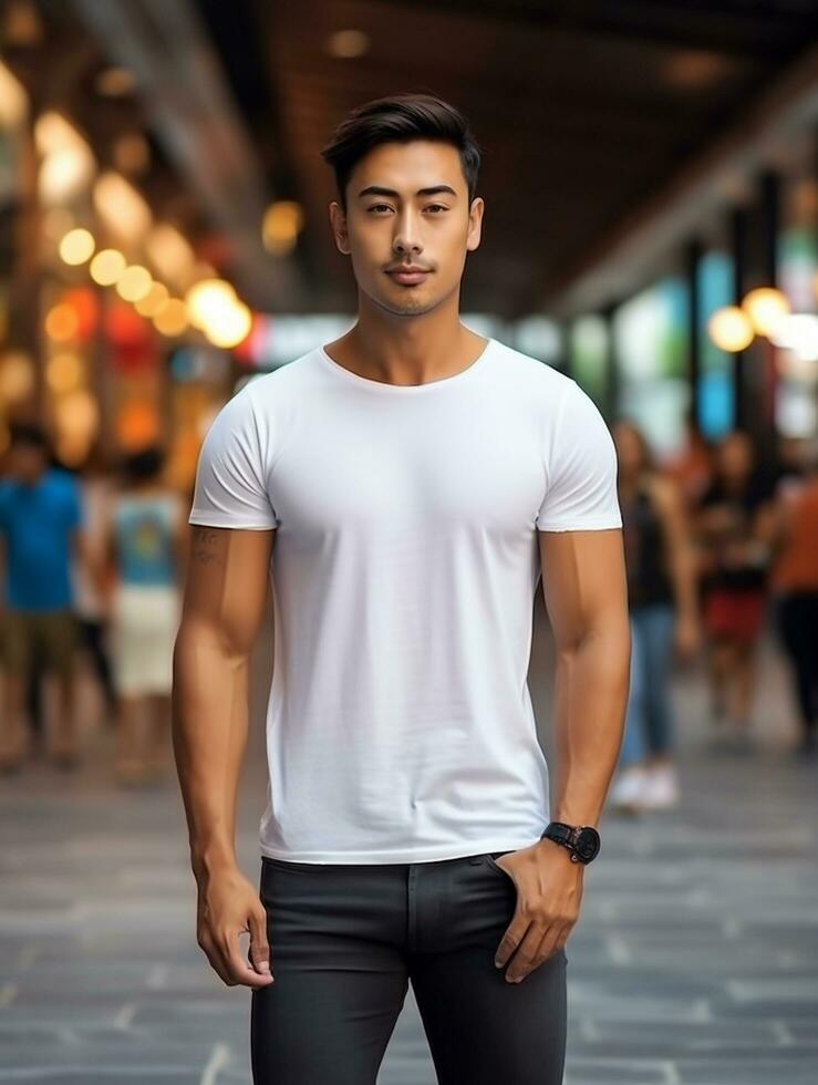 Men blank  white t-shirt for mockup design psd AI Generative photo
