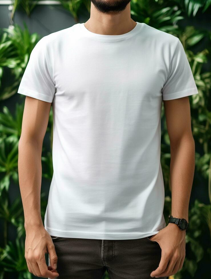 Men blank  white t-shirt for mockup design psd AI Generative photo