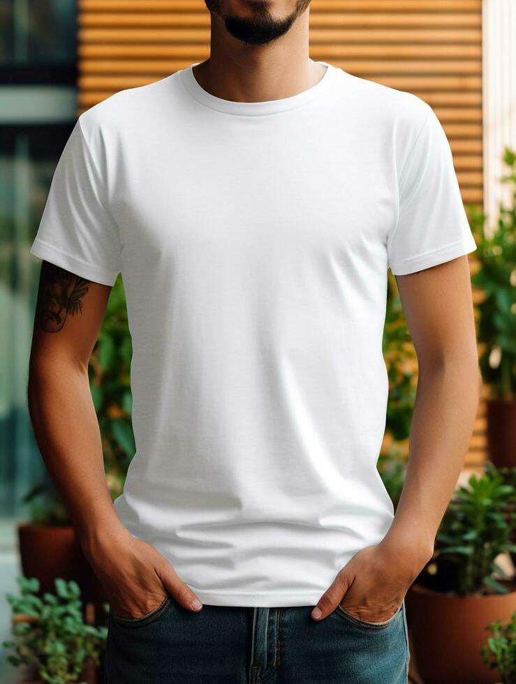 Men blank  white t-shirt for mockup design psd AI Generative photo