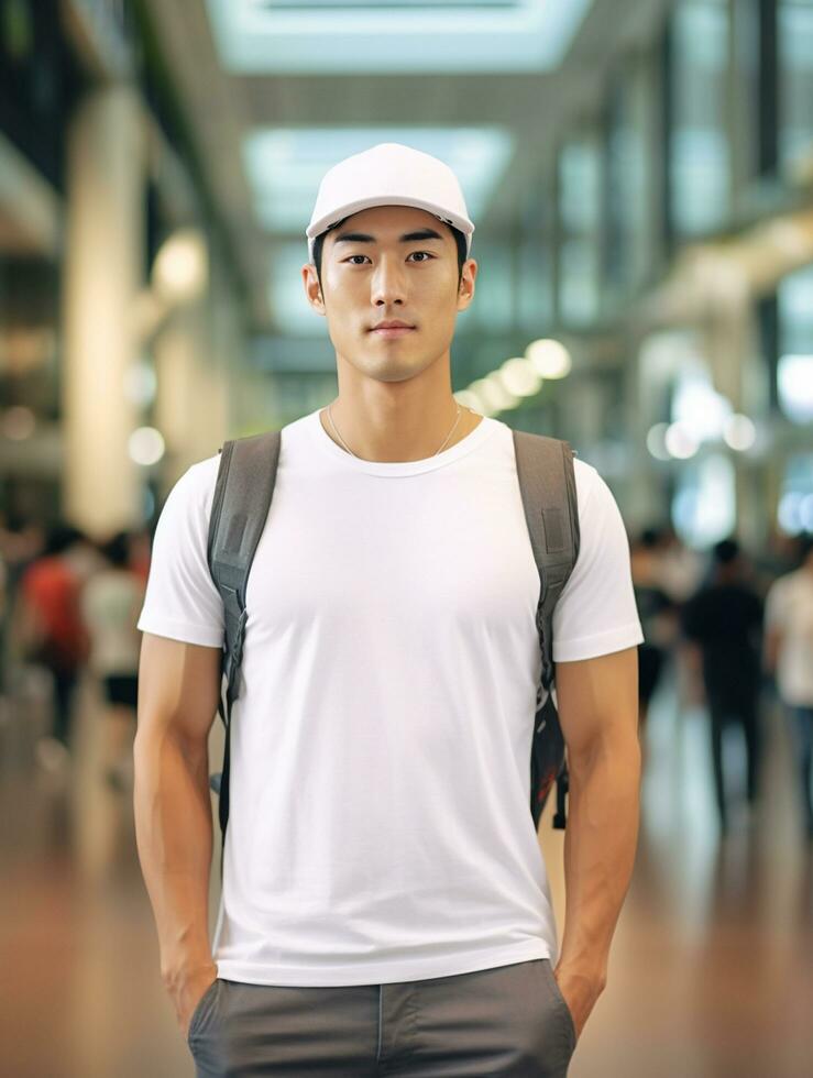 Men blank  white t-shirt for mockup design psd AI Generative photo