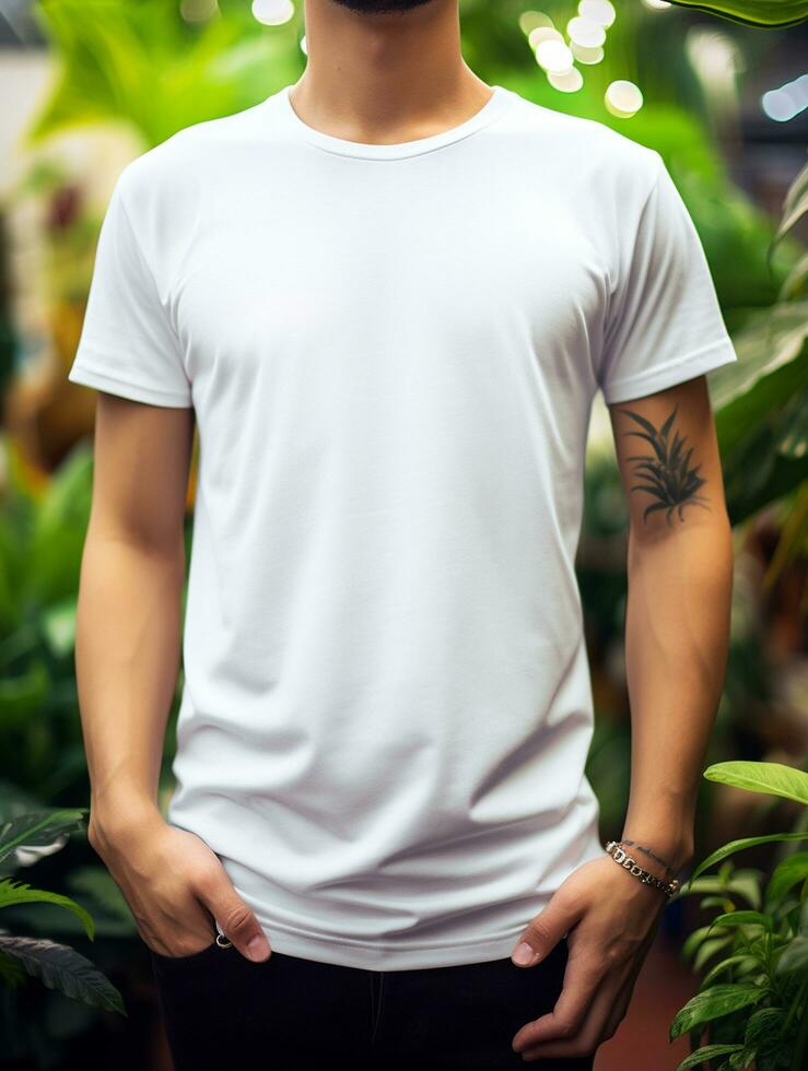 Men blank  white t-shirt for mockup design psd AI Generative photo