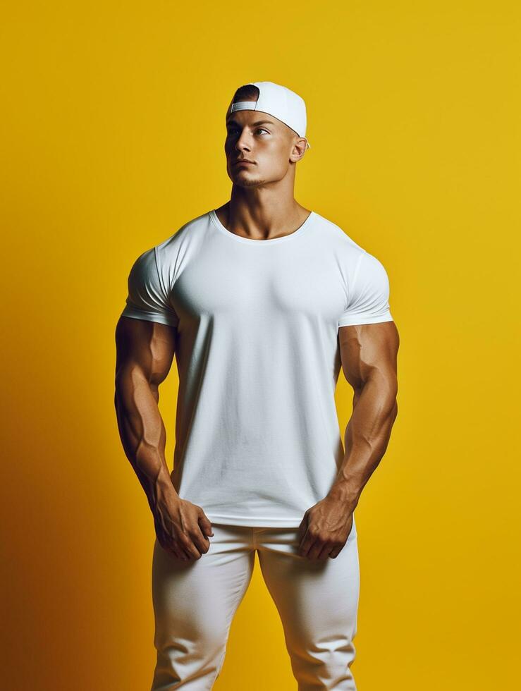 Men blank  white t-shirt for mockup design psd AI Generative photo