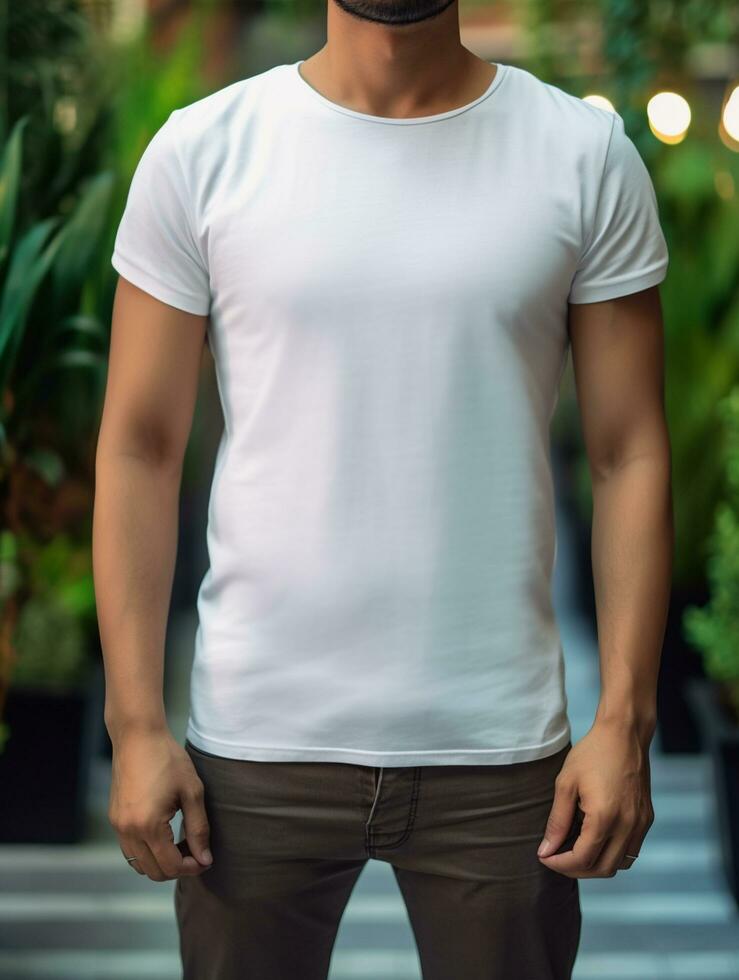 Men blank  white t-shirt for mockup design psd AI Generative photo