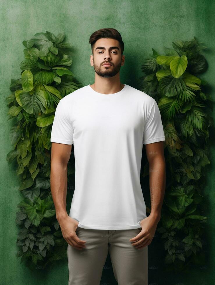 Men blank  white t-shirt for mockup design psd AI Generative photo