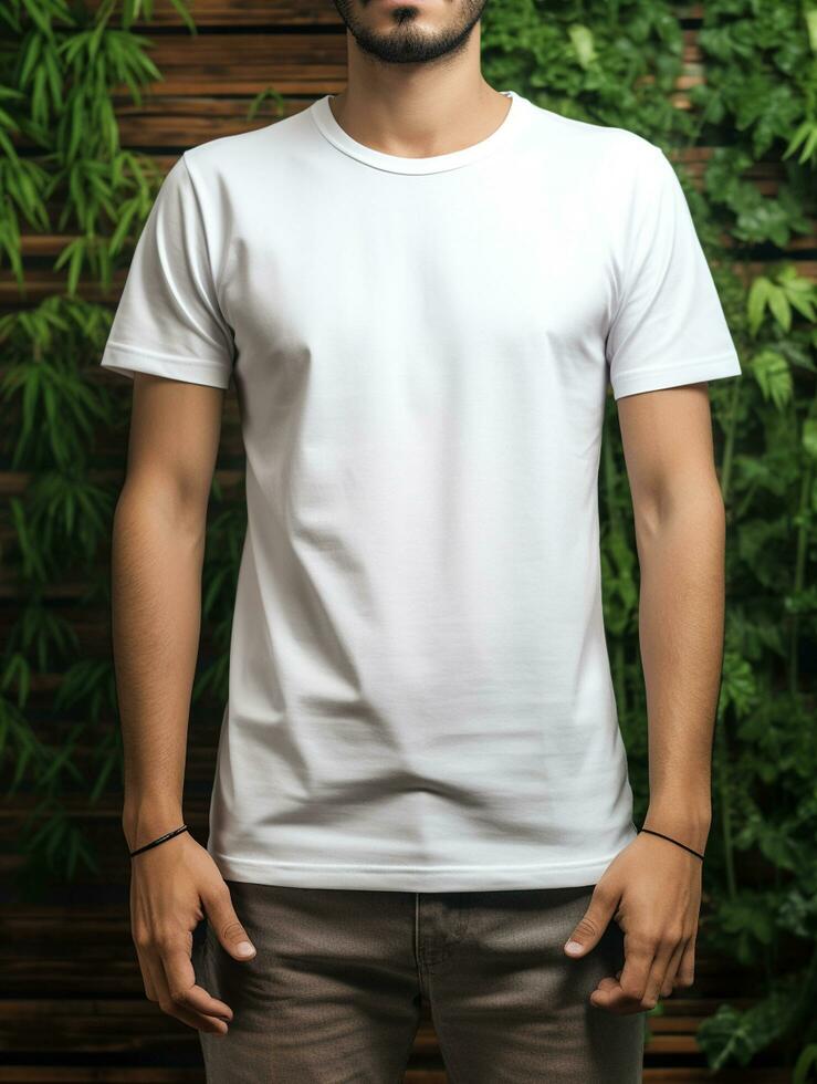 Men blank  white t-shirt for mockup design psd AI Generative photo