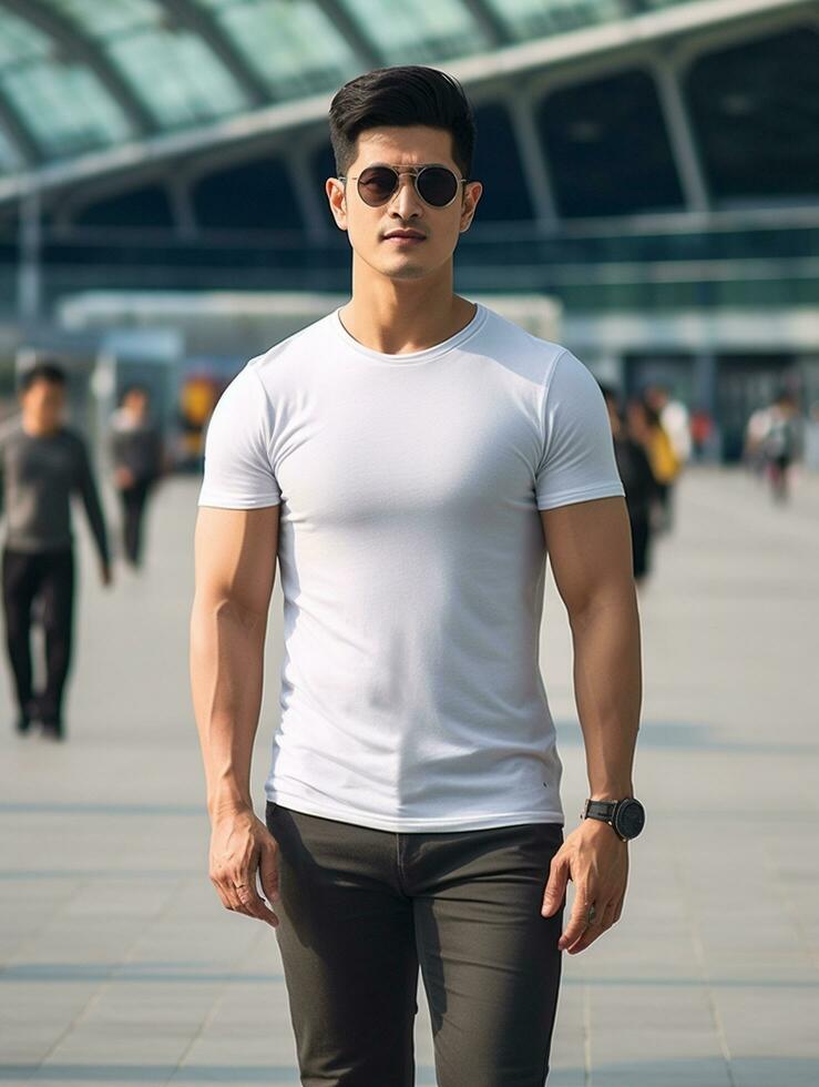 Men blank  white t-shirt for mockup design psd AI Generative photo