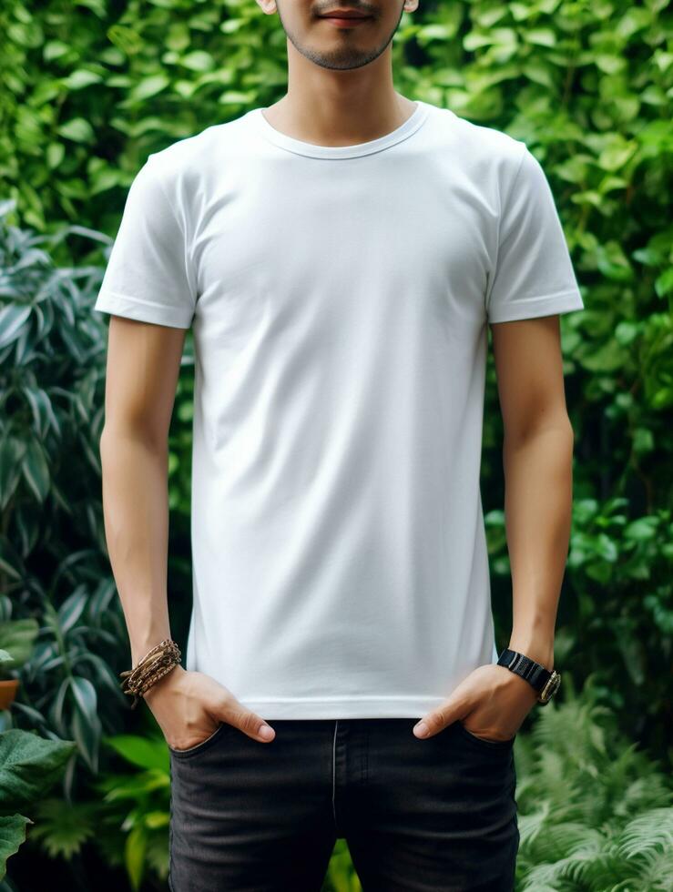 Men blank  white t-shirt for mockup design AI Generative photo