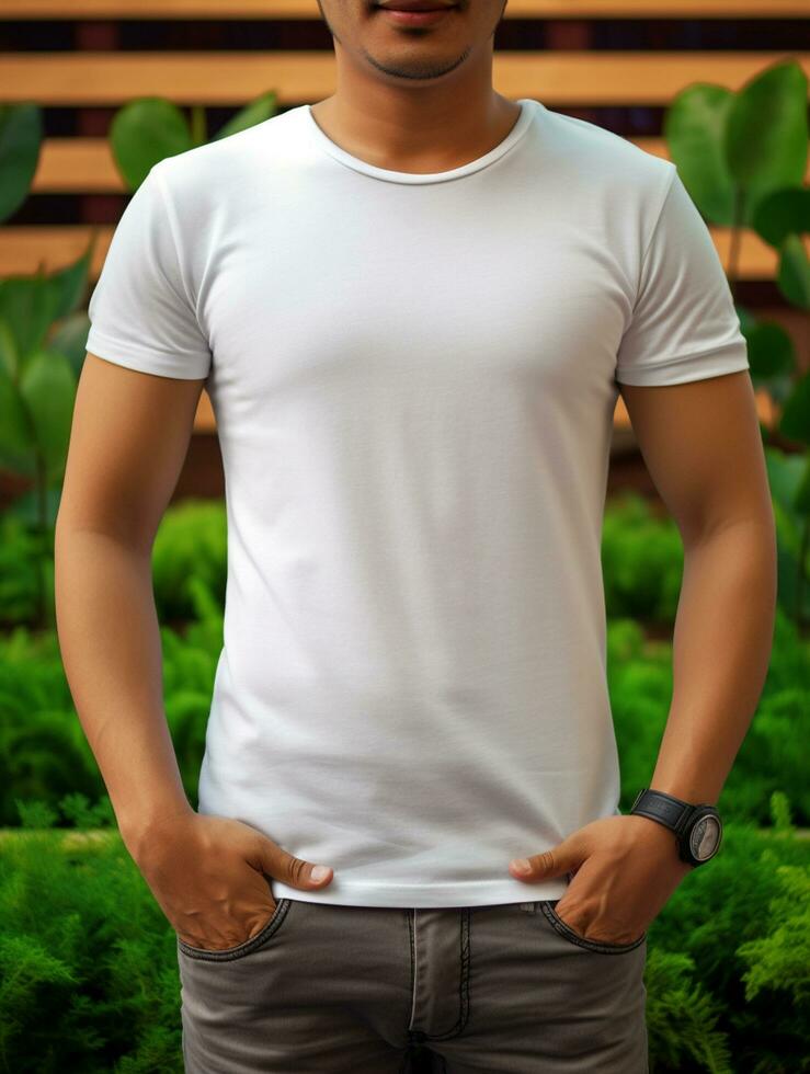 Men blank  white t-shirt for mockup design AI Generative photo