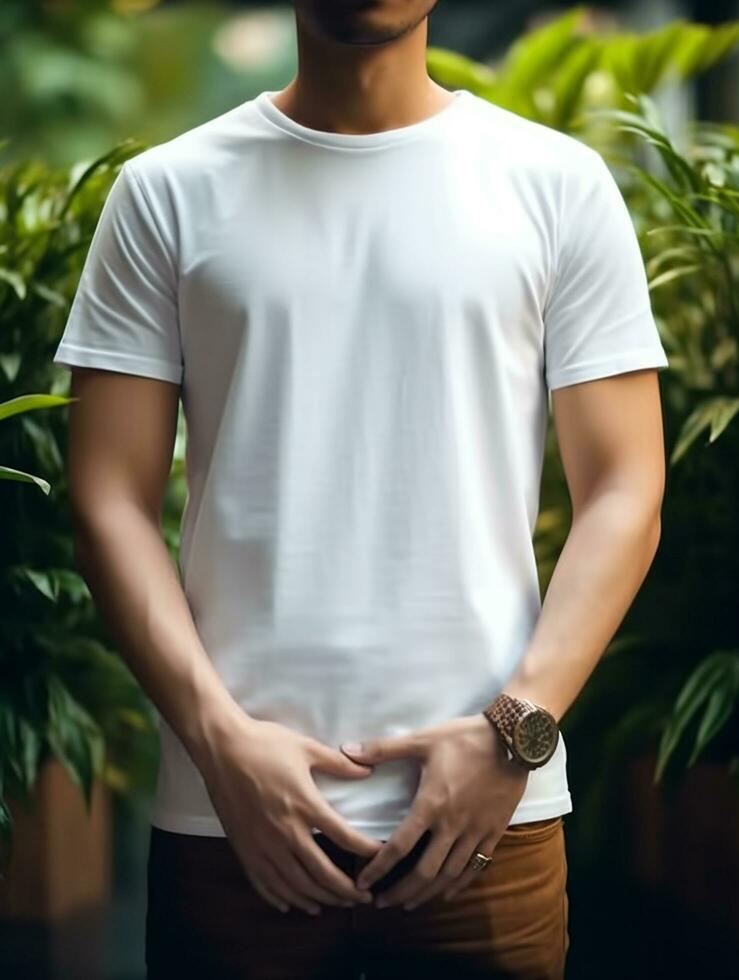 Men blank  white t-shirt for mockup design AI Generative photo