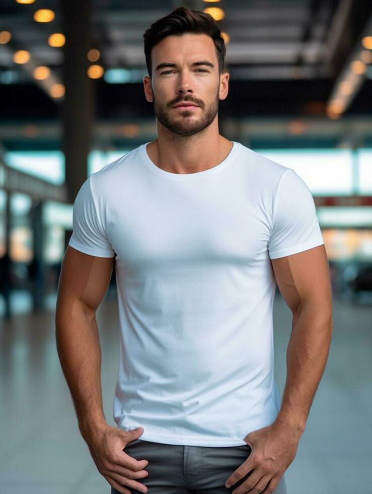 Men blank  white t-shirt for mockup design AI Generative photo