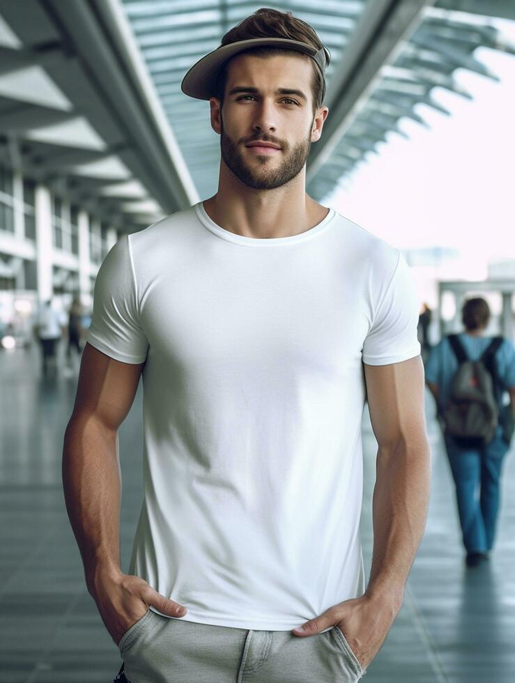 Men blank  white t-shirt for mockup design AI Generative photo