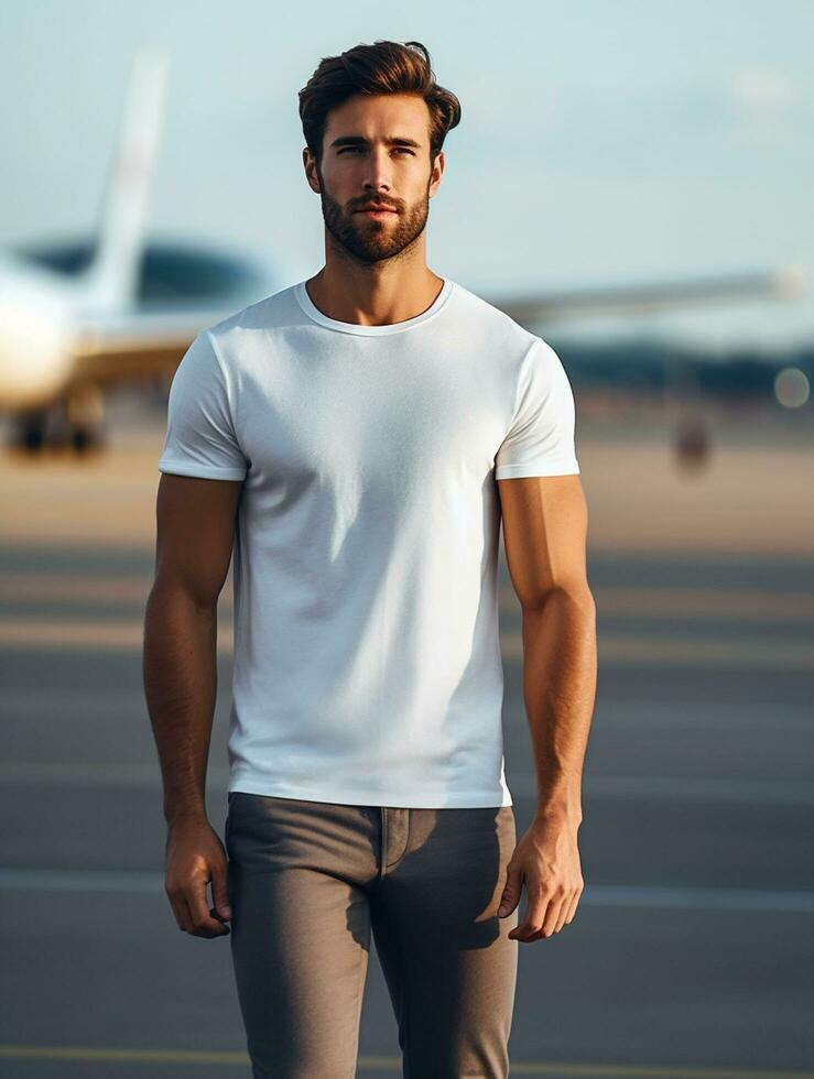 Men blank  white t-shirt for mockup design AI Generative photo