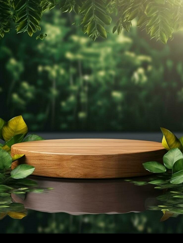 Wooden podium cylinder stage empty scene luxury product display background Ai generated photo